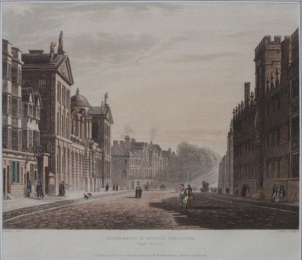 Aquatint - University & Queen's Colleges, High Street.Oxford - Hill